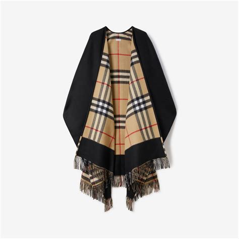 Reversible Check Wool Cashmere Cape in Black 